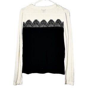 Talbots Ivory and Black Lace Trimmed Sweater Crew Neck Long Sleeve